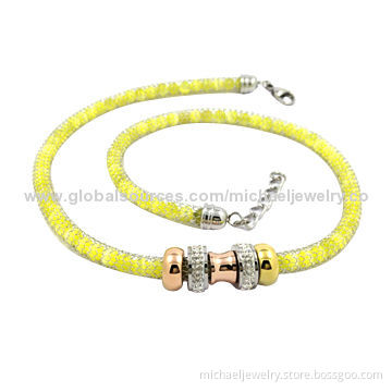 Stainless steel necklaces with yellow opal beads and crystal PP stones, rose gold and gold plating